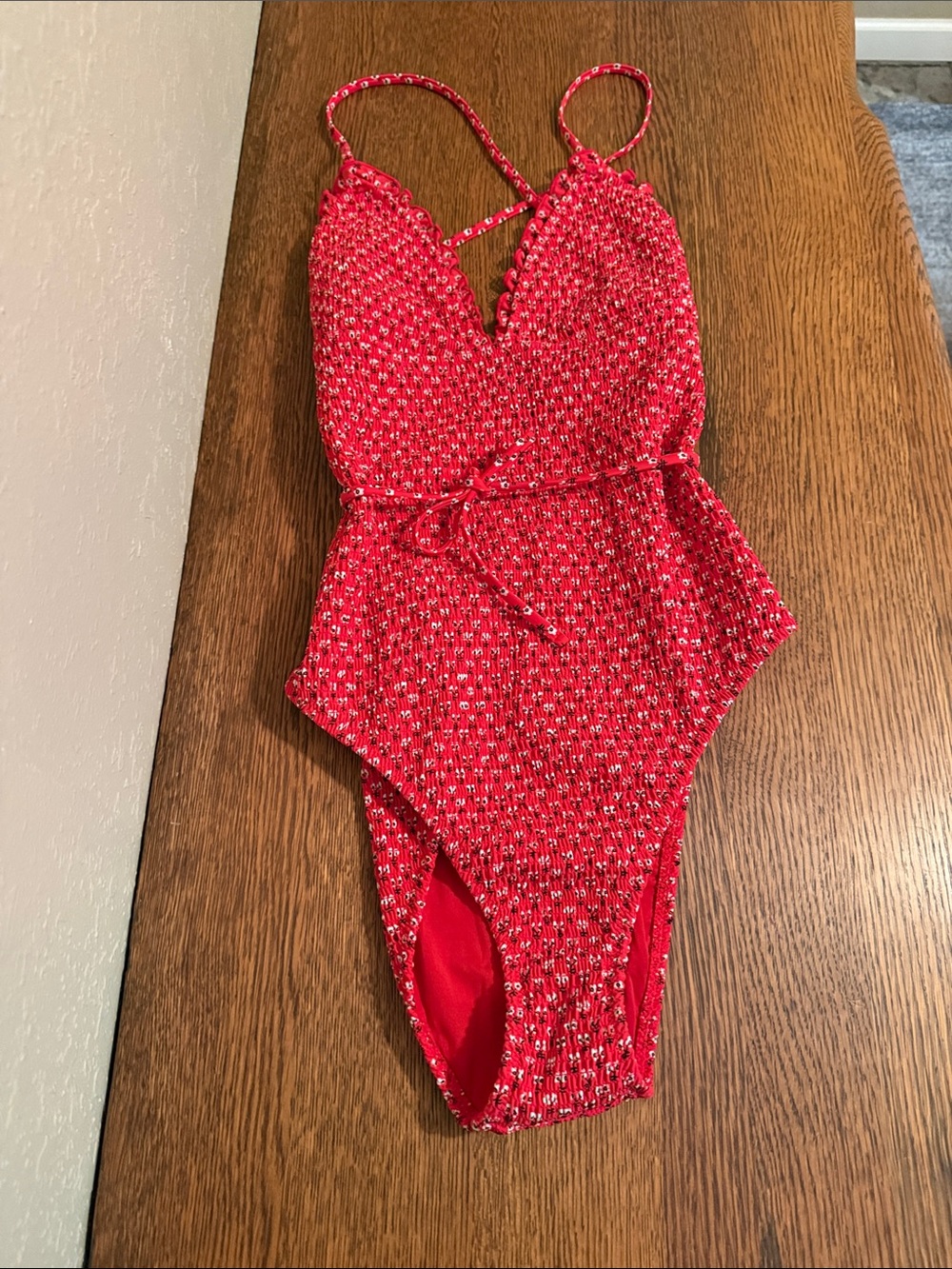 J. Crew Bright Red Printed Smocked One-Piece Swimsuit
